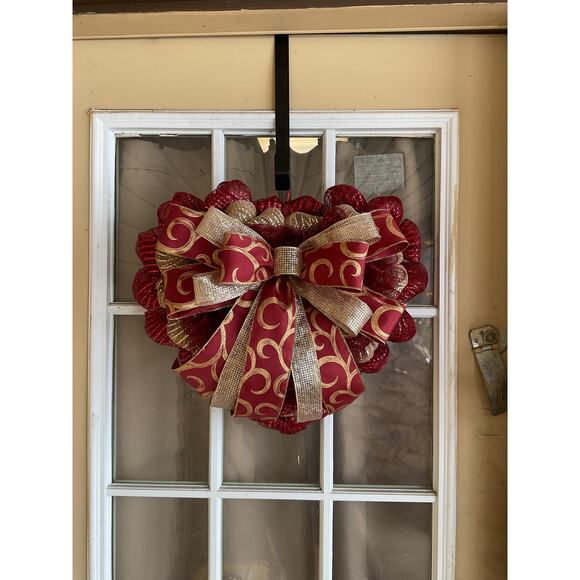 Red & Gold Heart Door Hanger Wreath | Valentine’s Decor | Burlap Ribbon Heart - Picture 1 of 4